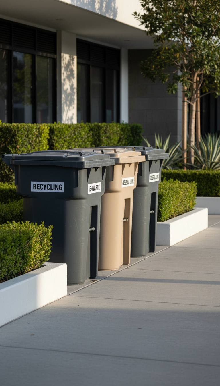 A collection of large, clean plastic bins in shades of slate gray and muted beige, each labeled for recycling, e-waste, and general junk, lined up along the edge of a modern commercial property’s landscaped exterior. They are placed on a paved pathway, bordered by neatly trimmed hedges and minimalist stone planters. Soft early morning light creates subtle highlights and elongated, tidy shadows across the bins and surrounding neatly swept area. The composition is balanced, with a gentle leading line guiding the viewer’s eye along the row, evoking a mood of meticulous order and environmental responsibility. The photographic style is crisp and structured, aligning with a professional, clean business image.