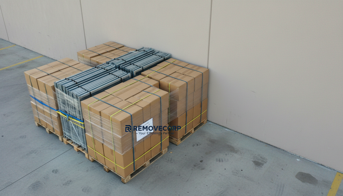An assortment of tightly packed, uniform cardboard boxes, weathered wooden pallets, and securely fastened metal shelving awaiting removal, neatly arranged against the neutral stucco wall of a warehouse exterior. The scene is lit by gentle, diffused midday light, accentuating the textures of cardboard, aged wood, and brushed metal. The composition is spacious and orderly, using an elevated angle to capture the structured stacking and clean organization. The image gives a calm, capable, and efficient atmosphere with photographic realism in a minimalist, corporate style, demonstrating the company’s attention to detail and reliability in junk removal.